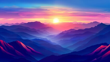 Obraz premium A breathtaking sunrise over the mountains, casting vibrant hues across the...