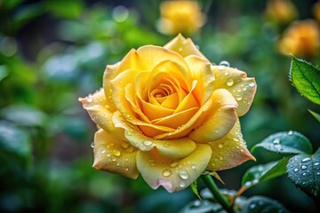 Yellow rose with water drops in garden