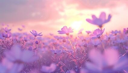 Naklejka premium A field of purple cosmos flowers, with the sun setting in the background. The...