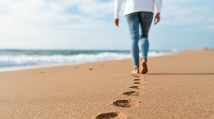 A person walking barefoot on a sandy beach, leaving footprints in the smooth sand, with gentle waves and a clear sky in the background.