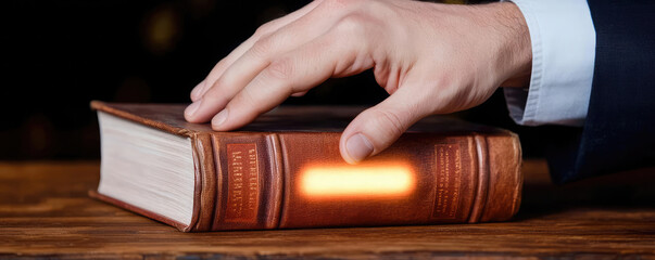 A professional hand resting on a vintage book, highlighting the importance of knowledge and tradition in a modern world.