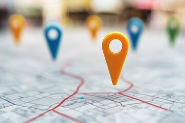 Fototapeta premium Colorful location markers on a map