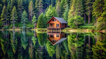 Naklejka premium Cabin in the woods with lake background