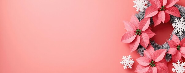 A vibrant arrangement of pink poinsettia flowers and snowflakes against a soft coral background, perfect for festive and holiday themes.