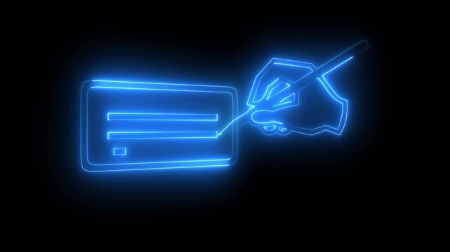 Abstract blue color neon line Blank notebook and pencil icon, note from test paper page file animated, neon line File document icon animation. Checklist concept. isolated on black background.