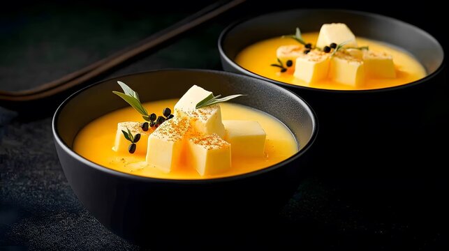 A bowl of Japanese chawanmushi with steamed egg custard, served in a black bowl, 4K resolution, dark tone background
