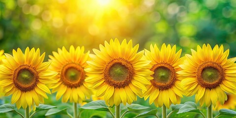 Fototapeta premium Yellow sunflowers blooming against green leaves background