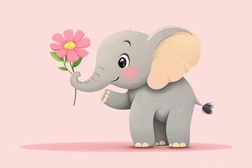 Obraz premium Cute Baby Elephant Holding a Flower in its Trunk - Cartoon Illustration