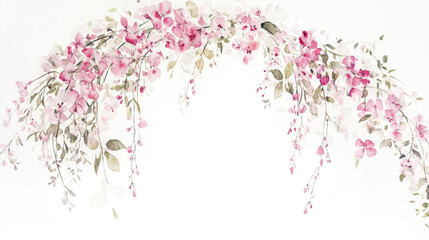 Obraz premium A delicate watercolor painting of a blooming cherry blossom branch, arching gracefully across a white background. The soft flowers and delicate leaves create a romantic atmosphere, copy space.