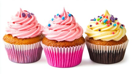 Three cupcakes with pink frosting and sprinkles on a white background