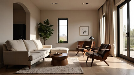 Fototapeta premium Living room loft, industrial style, room furnished in a minimalist style.