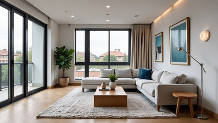 Fototapeta premium Living room loft, industrial style, room furnished in a minimalist style.