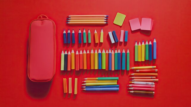 Colorful markers, sticky notes, and a pencil case against a red background, with each item arranged to form a visually appealing composition. --chaos