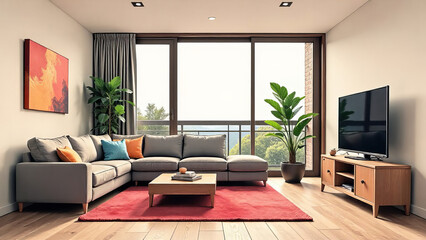 Living room loft, industrial style, room furnished in a minimalist style.