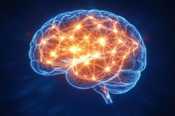 A glowing brain illustration representing neural connections and cognitive processes.