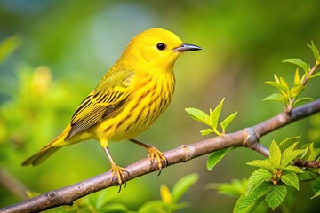 Yellow warbler perching on tree branch at tilted angle