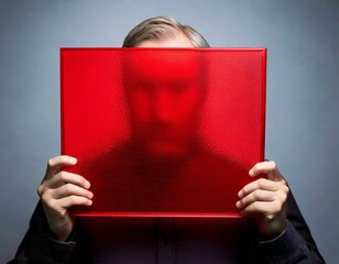Ein Mann versteckt sein Gesicht hinter einem roten Milchglas, das er in den Händen hält.