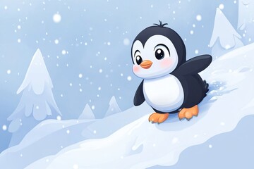 Adorable Baby Penguin Sliding Down Icy Hill Cartoon Illustration