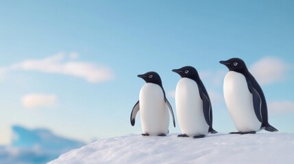 Three Penguins Standing on an Iceberg.
