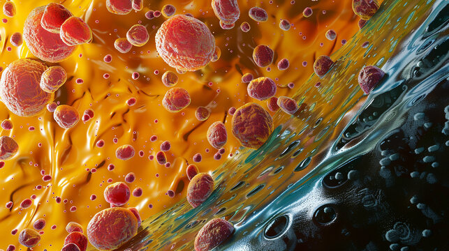 A detailed shot of lysosomes inside a cell, actively engulfing and breaking down damaged cell parts, symbolizing autophagy.