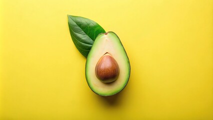 Asymmetrical fresh avocado half with leaves on a pastel yellow background