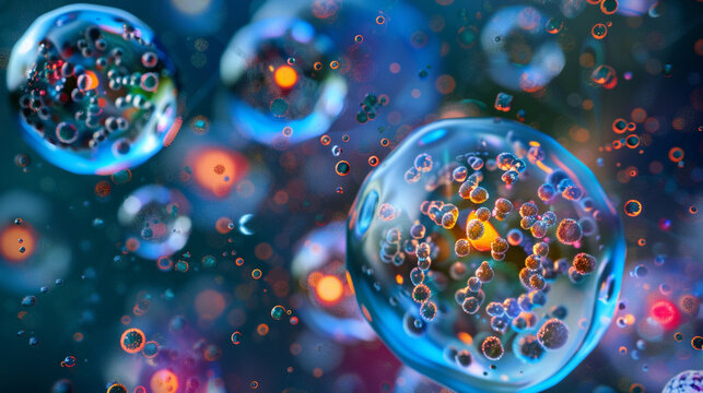 A close shot of a molecular model representing the stages of autophagy, with lysosomes fusing with vesicles.