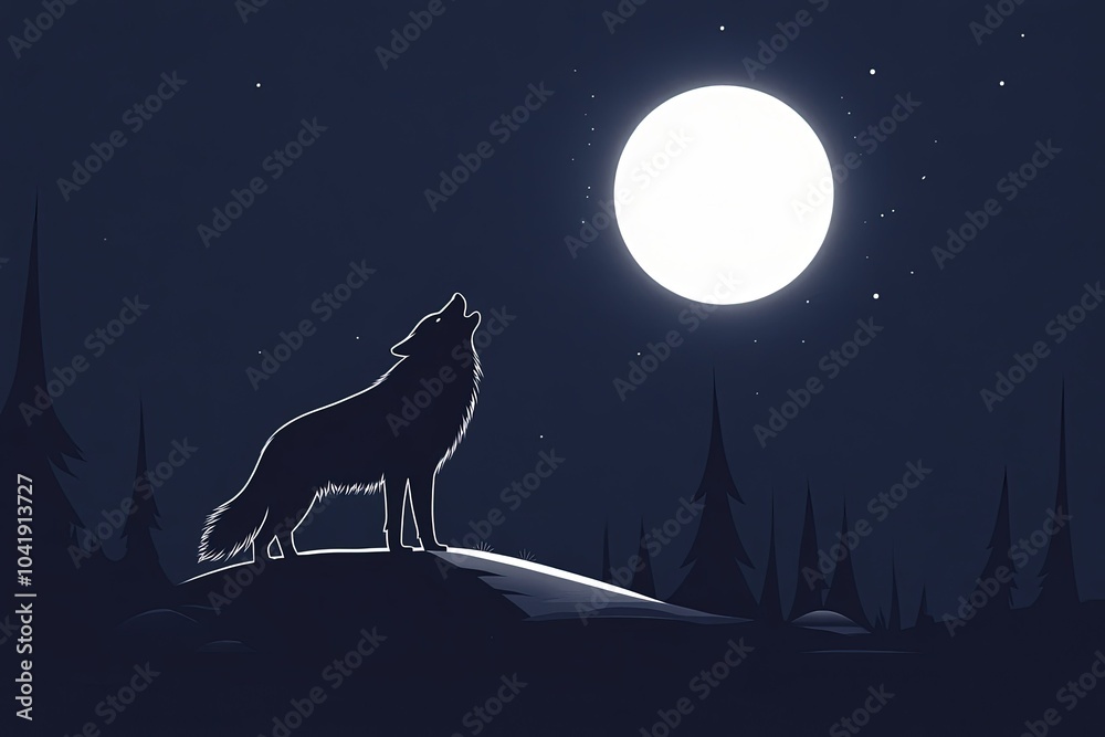 Poster a wolf standing on top of a hill under a full moon