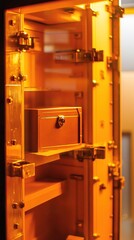 A close-up of a secure, illuminated safe with a small drawer inside.