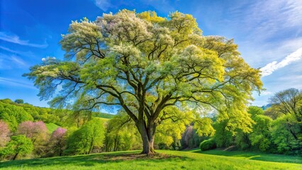 Close up of tilted angle black locust tree in the forest during spring