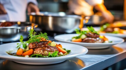 Gourmet plating culinary art and techniques in professional kitchen