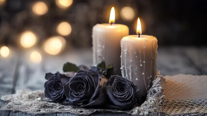 Two burning candles with black roses and white lace on wooden surface, bokeh lights in background.