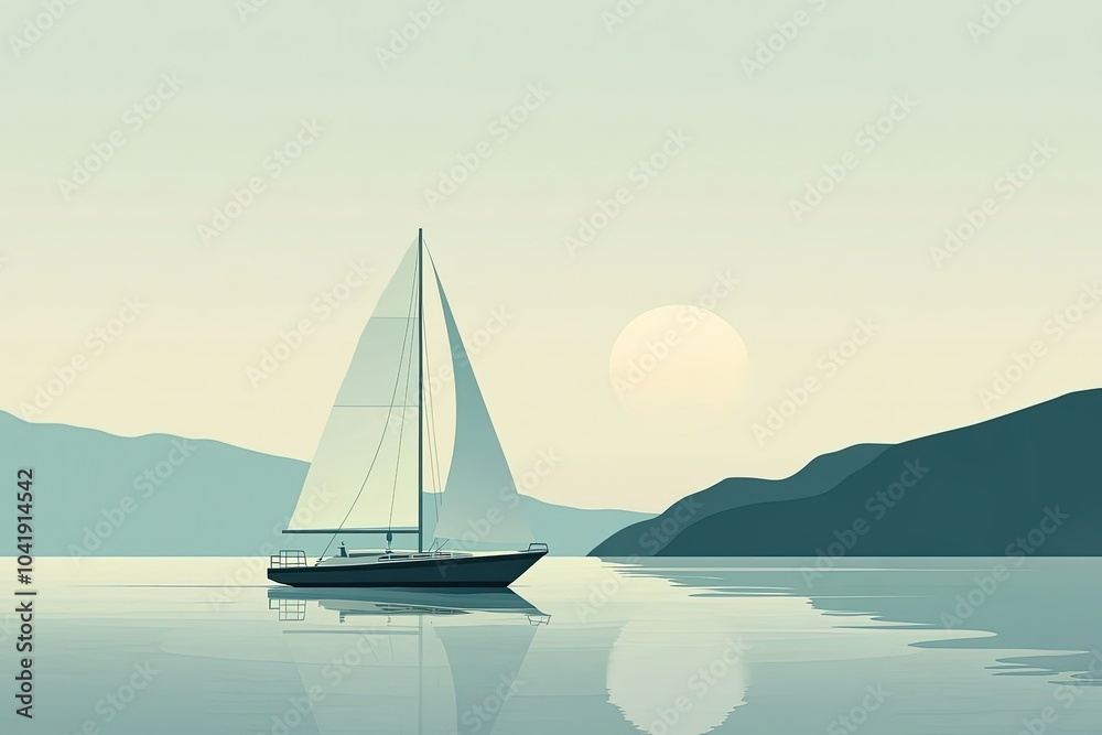 Poster a sailboat floating on a lake with mountains in the background