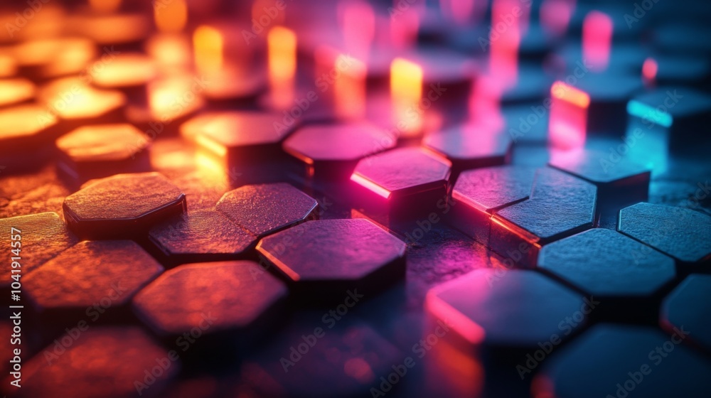 Poster Colorful lights cast a stunning glow on hexagonal surfaces, creating an abstract landscape filled with depth and a futuristic atmosphere. The interplay of light and shadow heightens the visual impact.