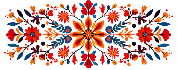 A vibrant and intricate traditional Bulgarian embroidery vector pattern featuring floral motifs in shades of red, orange, blue, and yellow.