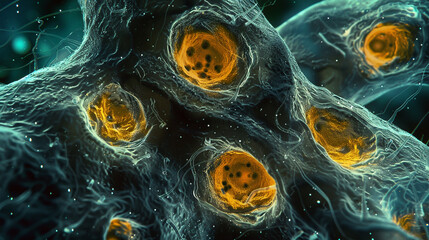 A close shot of a cell undergoing stress, showing autophagy initiation through increased autophagosome activity.
