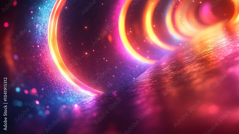 Poster An abstract composition features glowing, colorful lines curving through dark space, reflecting light on a shiny surface, creating a captivating and surreal visual experience.