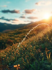 Naklejka premium A serene landscape at sunset, featuring rolling hills and vibrant wildflowers.