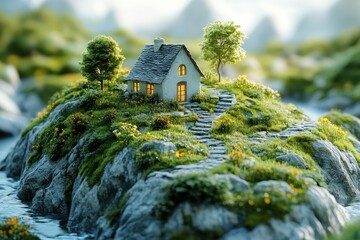 A quaint cottage surrounded by lush greenery on a rocky island in tranquil waters during daylight