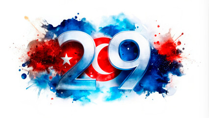 Watercolor artwork of number 29 merging with the Turkish flag, symbolizing October 29th, Turkey's Republic Day. Ideal for national celebrations, educational content, and cultural promotions