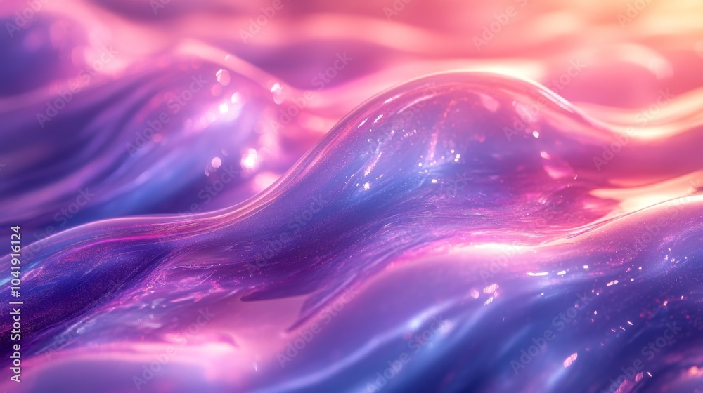 Poster The vibrant waves display a blend of purple and pink colors under diffuse soft light, creating a surreal and calming effect, reminiscent of flowing liquid.