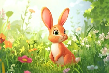 Adorable Cartoon Rabbit Hopping through a Lush Garden