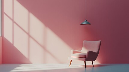 3D Rendering of a Minimalist Living Room with a Pink Pastel Wall, Armchair, and Hanging Lamp – Interior Design Concept