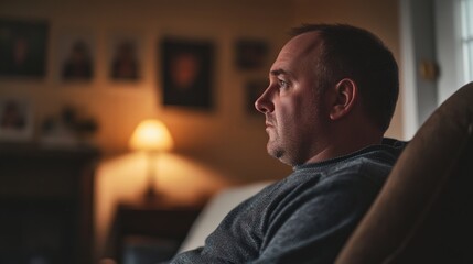 A man sits contemplatively, gazing thoughtfully into the distance, embodying quiet reflection in warm indoor light.