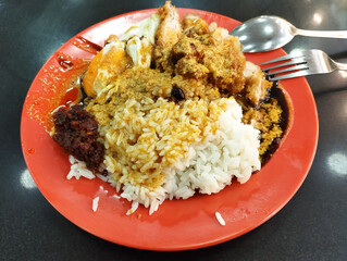 chicken cutlet curry rice with sambal chili sauce