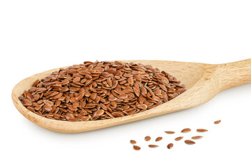 flaxseed in wooden spoon isolated on white background