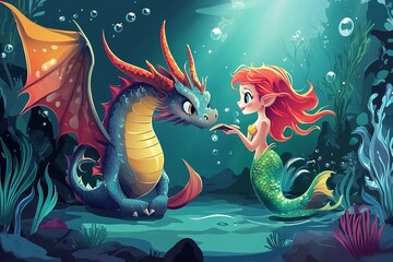Underwater Tales: A Dragon and Mermaid Share Stories in a Cartoon Setting