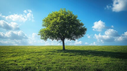 A Stunning Single Tree Standing Proudly in a Vast Open Field Under a Bright Blue Sky Capturing the Essence of Solitude and Natural Beauty