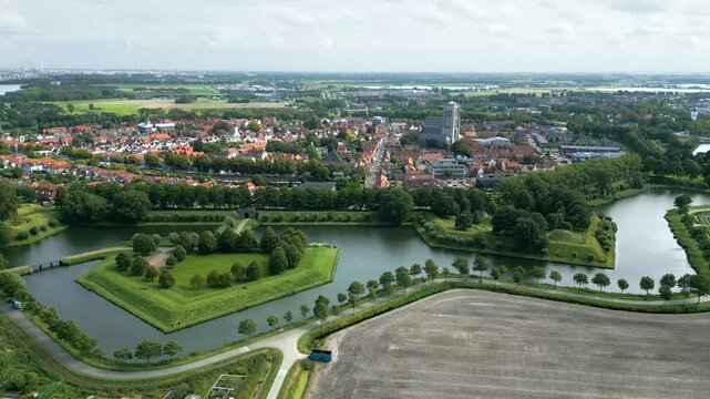 brielle historic 17th century church fortifications protect town beauty fortified structures side sideways aerial shot netherlands view dutch history motion 