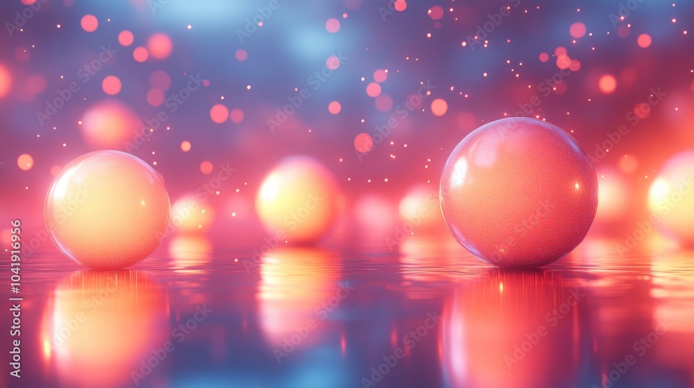 Fototapete three luminous spheres are scattered across a reflective surface, surrounded by a soft bokeh effect.