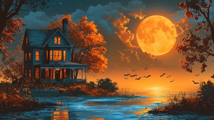A Halloween night scene featuring a glowing full moon behind an old haunted house, with bats flying across the sky and fog creeping along the ground.